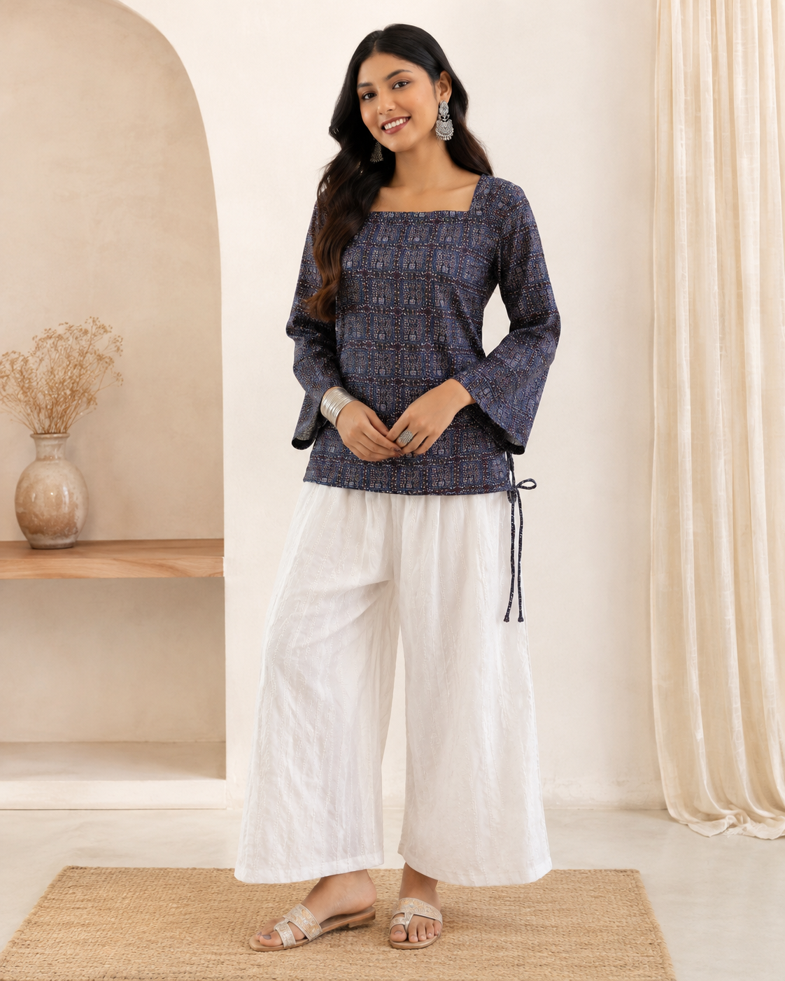 Indigo Printed Tie-Up Top