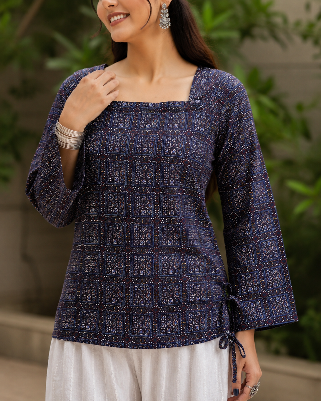 Indigo Printed Tie-Up Top