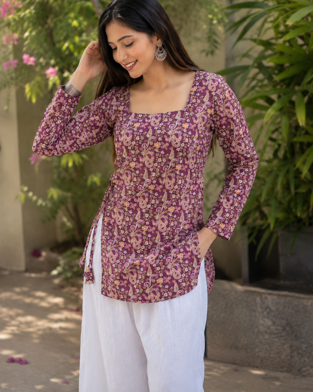 Purple Printed Tie-Up Kurti