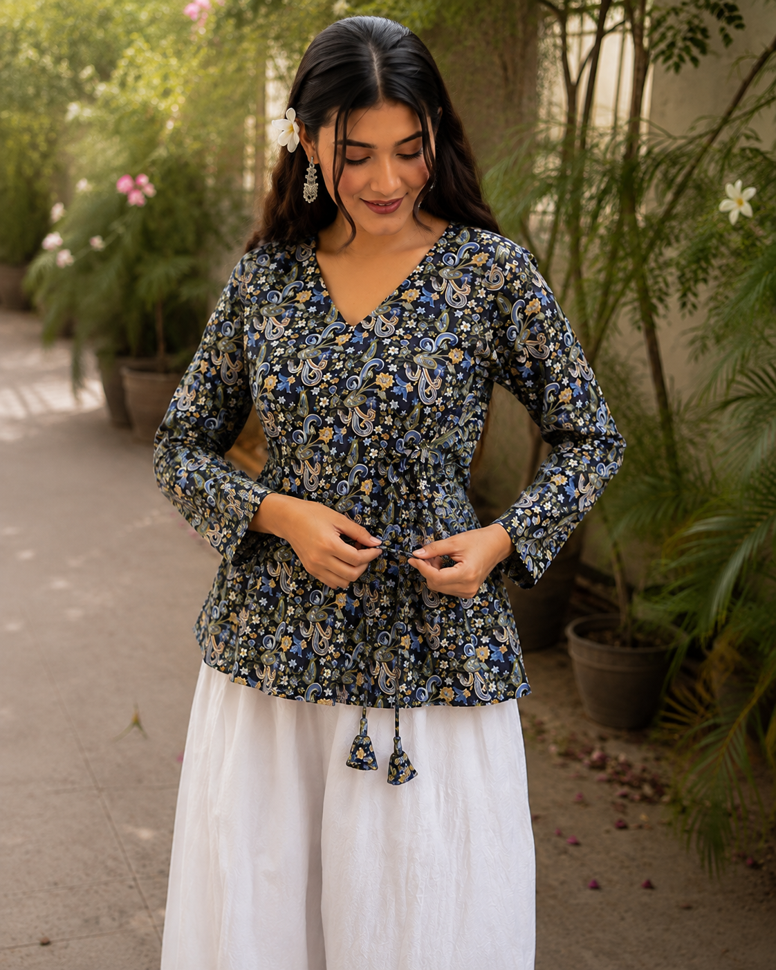 Black Floral Printed Tie-Up Top