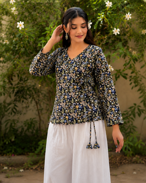 Black Floral Printed Tie-Up Top