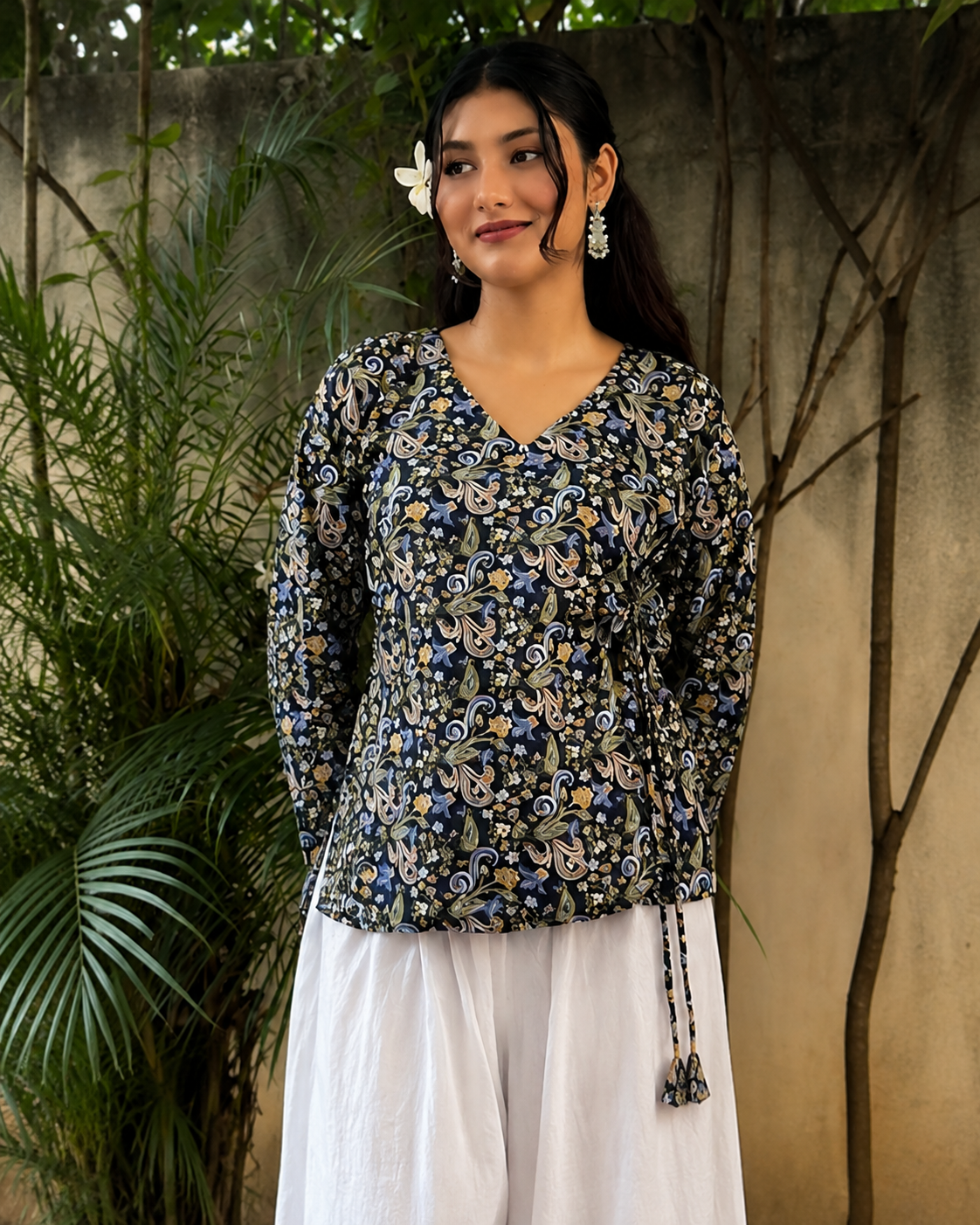 Black Floral Printed Tie-Up Top