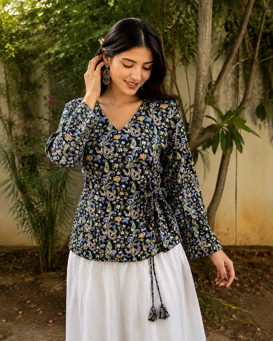 Black Floral Printed Tie-Up Top