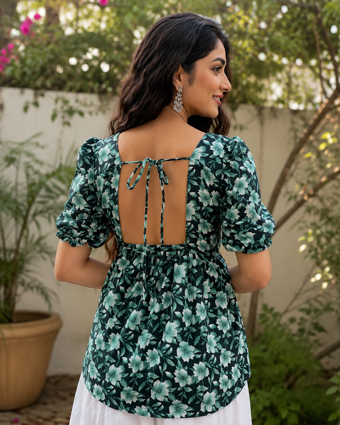 Teal Floral Printed Flared Top