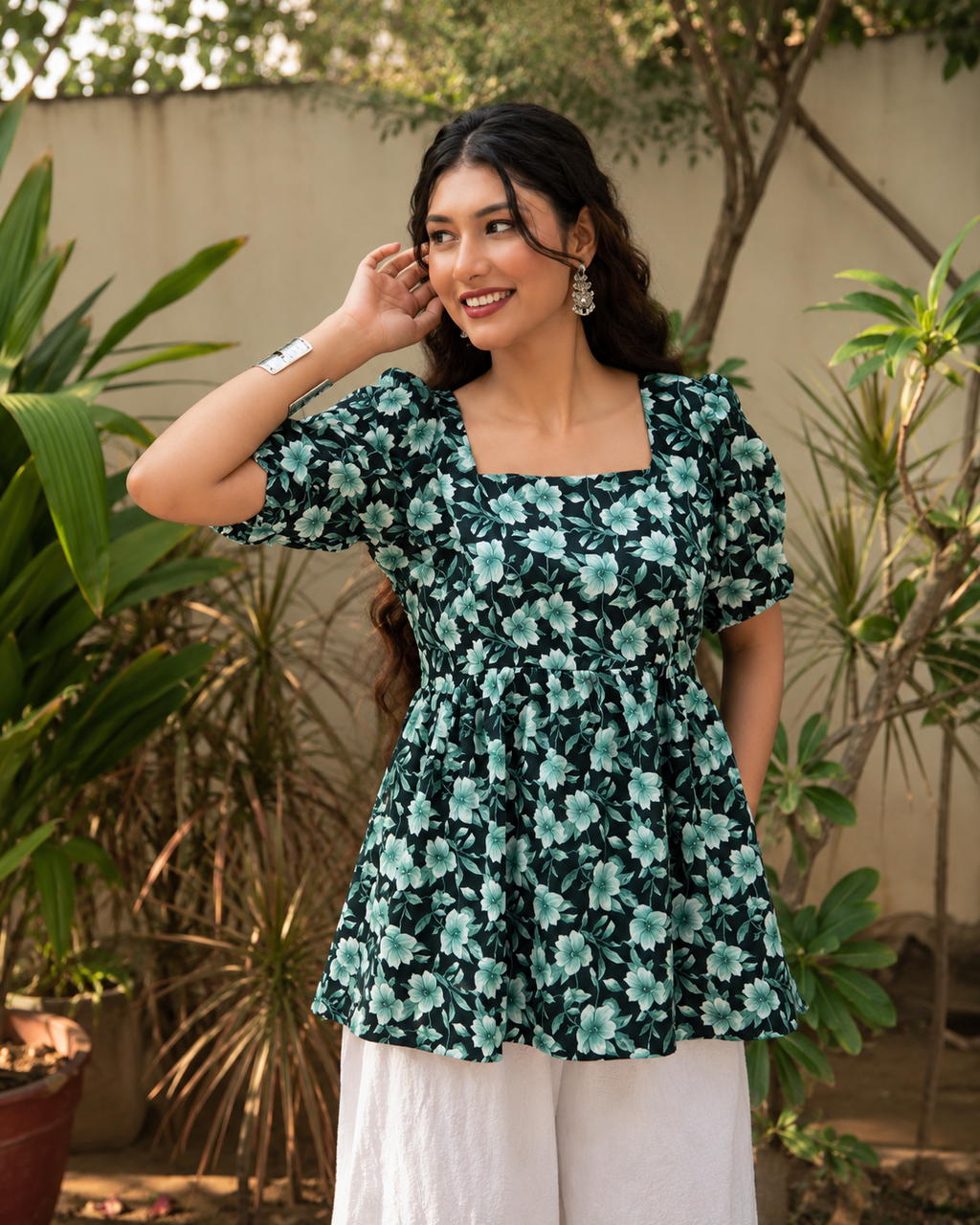 Teal Floral Printed Flared Top