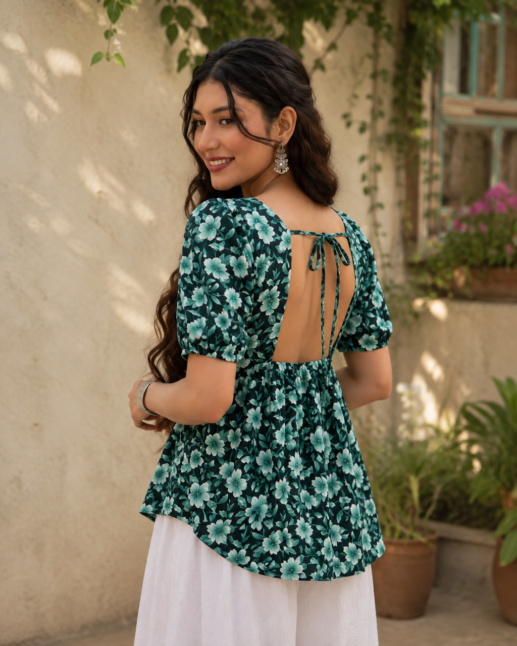 Teal Floral Printed Flared Top