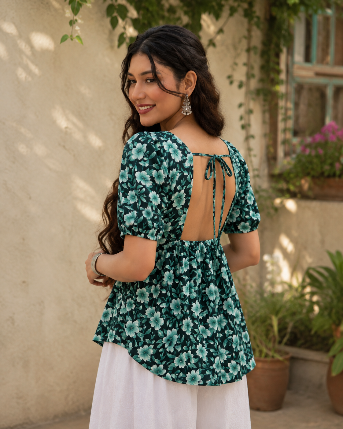Teal Floral Printed Flared Top