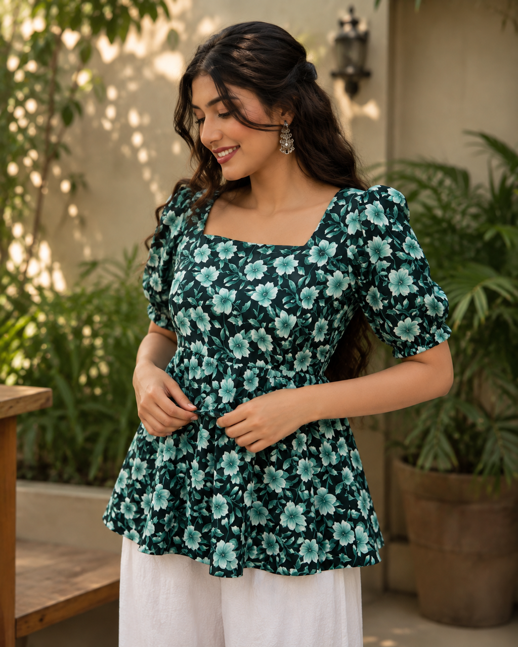 Teal Floral Printed Flared Top