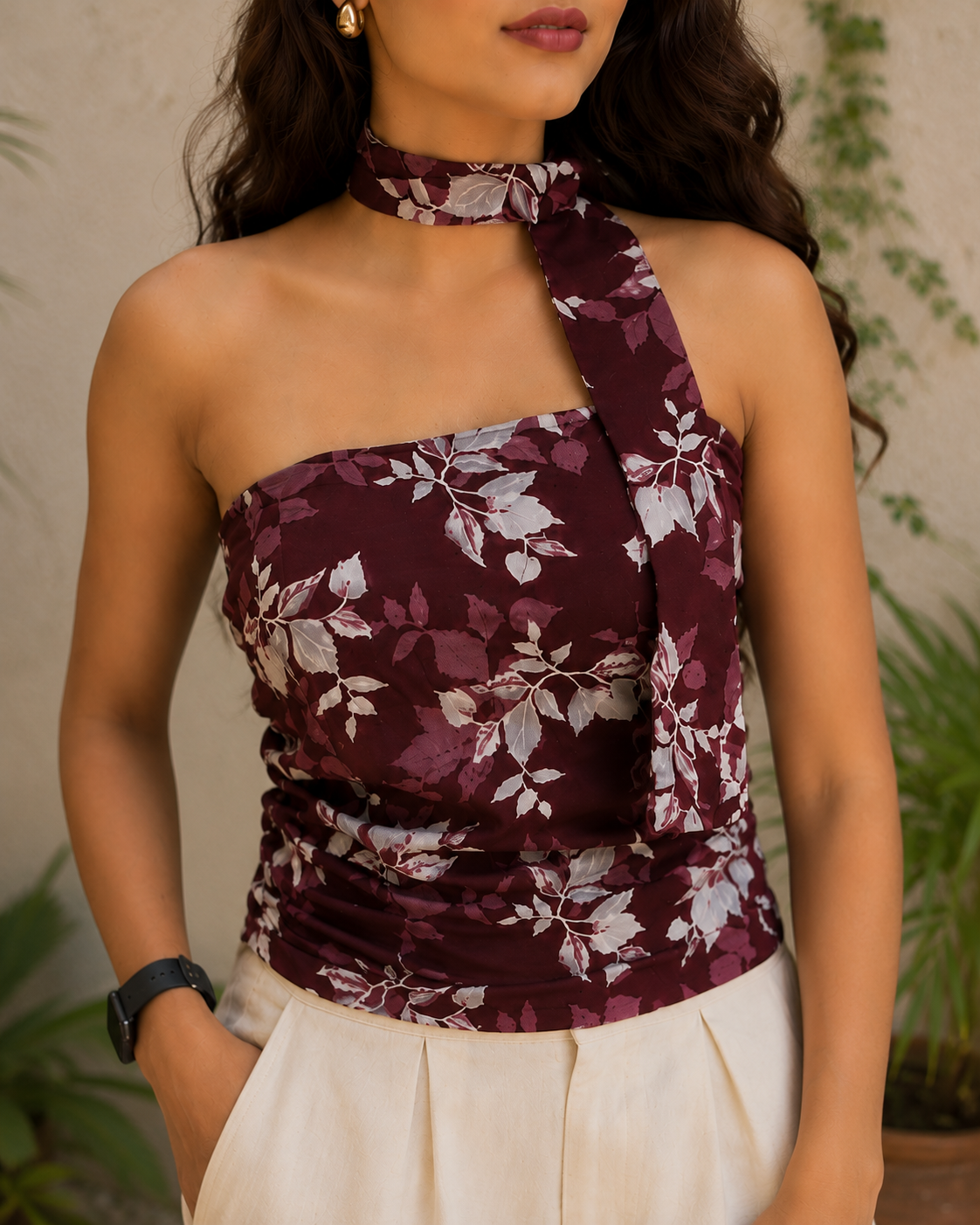 Maroon Floral One-Shoulder Top