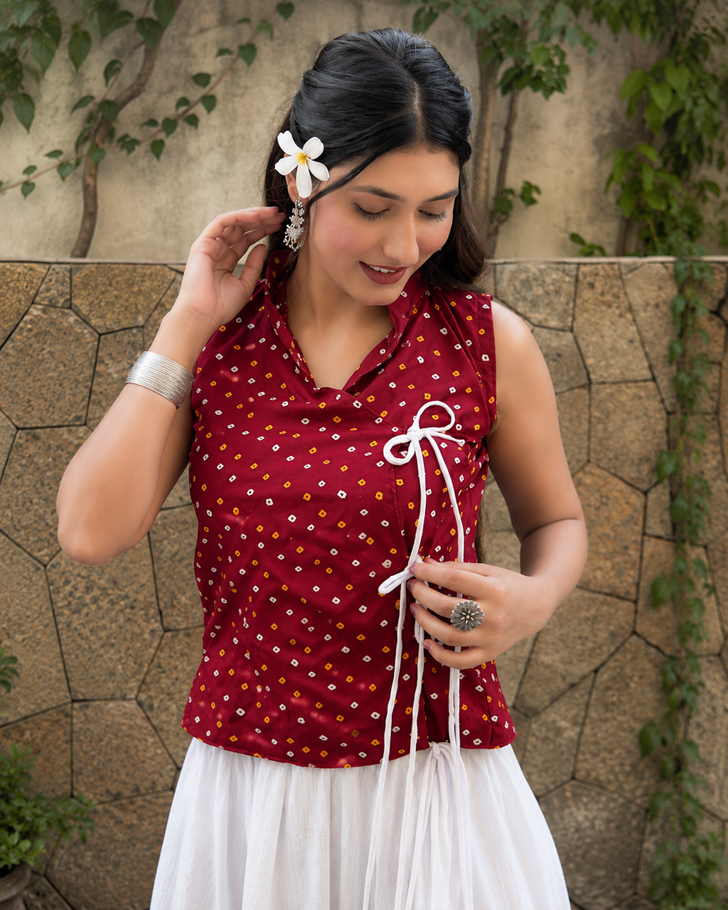 Maroon Printed Tie-Up Top