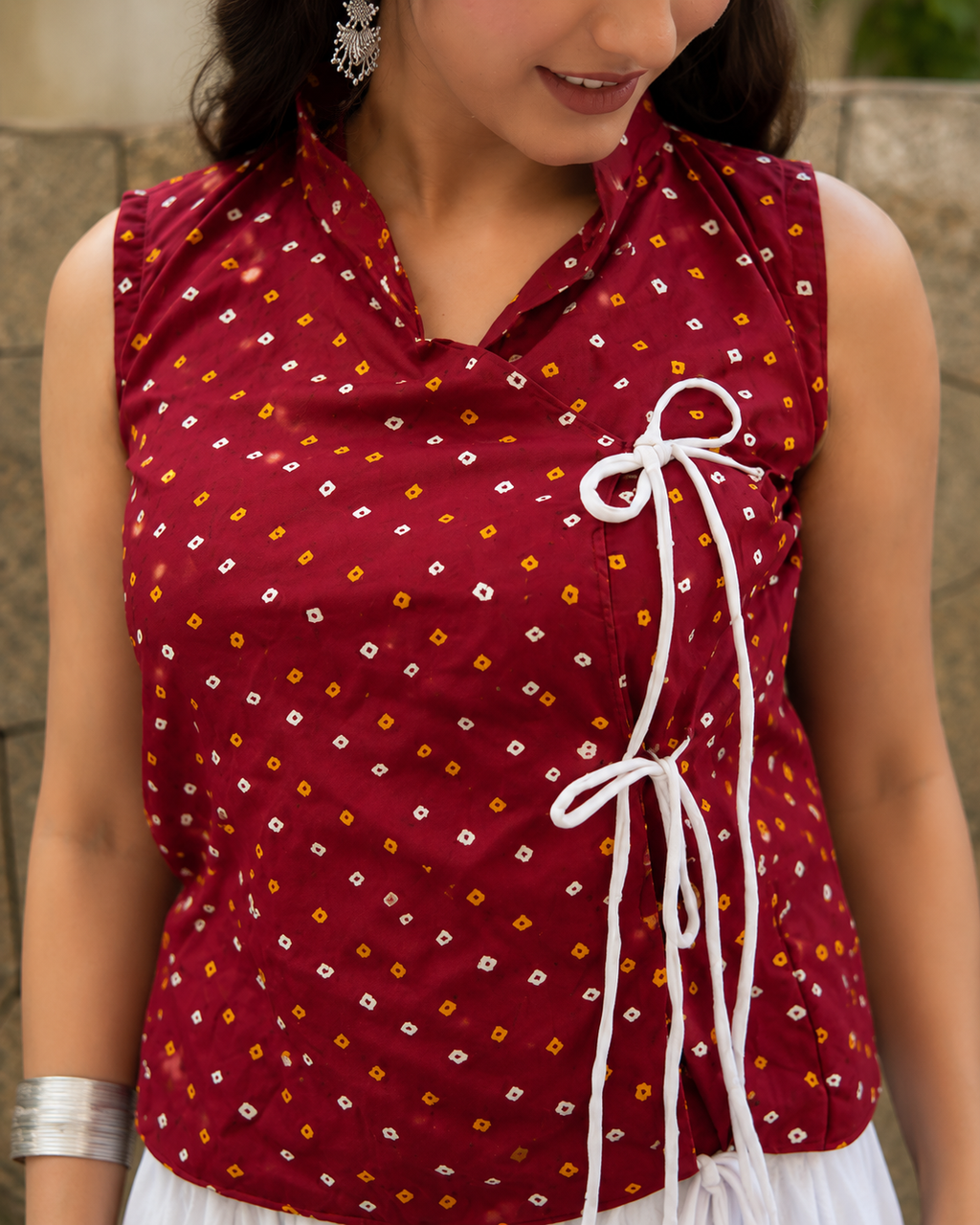 Maroon Printed Tie-Up Top