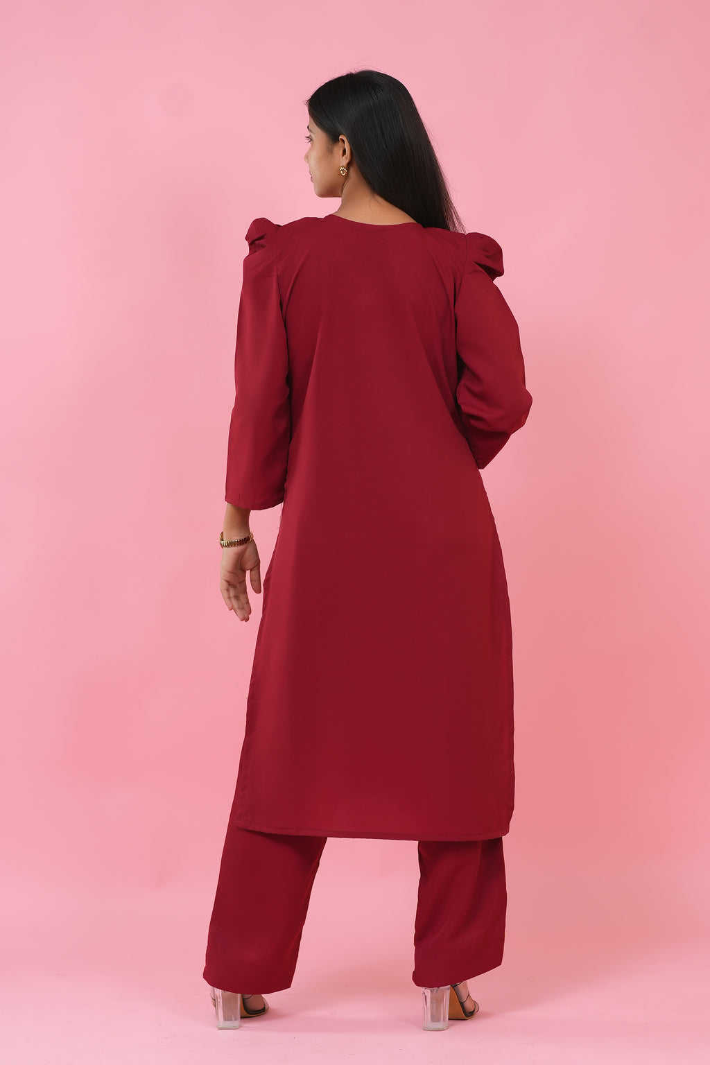 Crimson Elegance Puff Sleeve Kurta Set