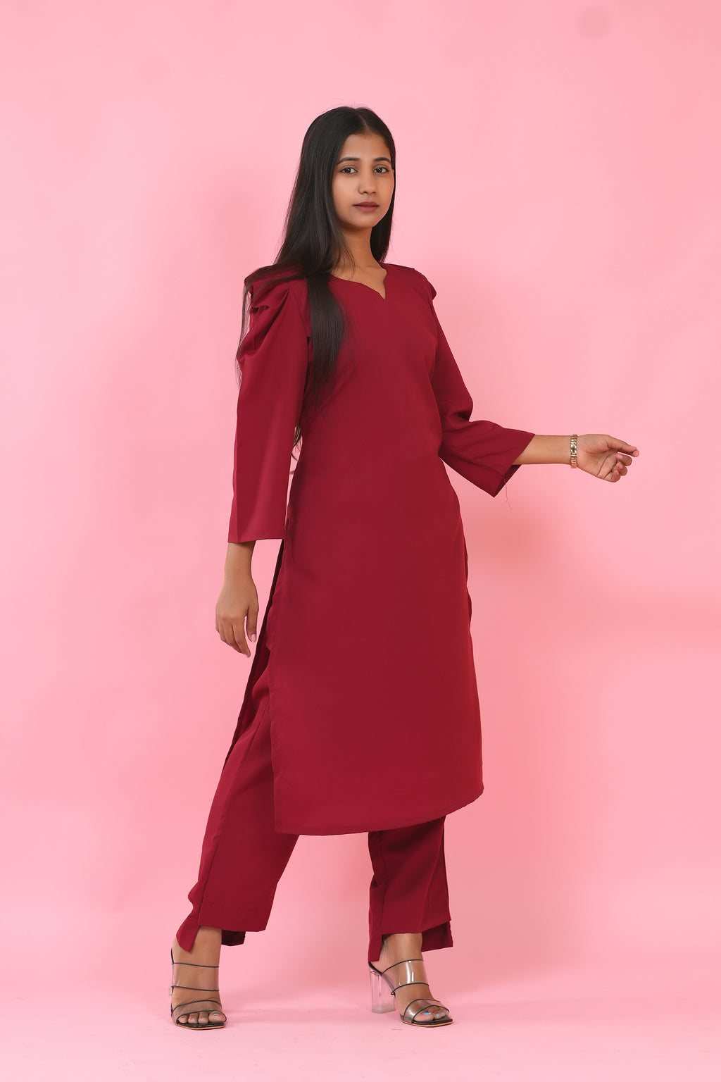 Crimson Elegance Puff Sleeve Kurta Set