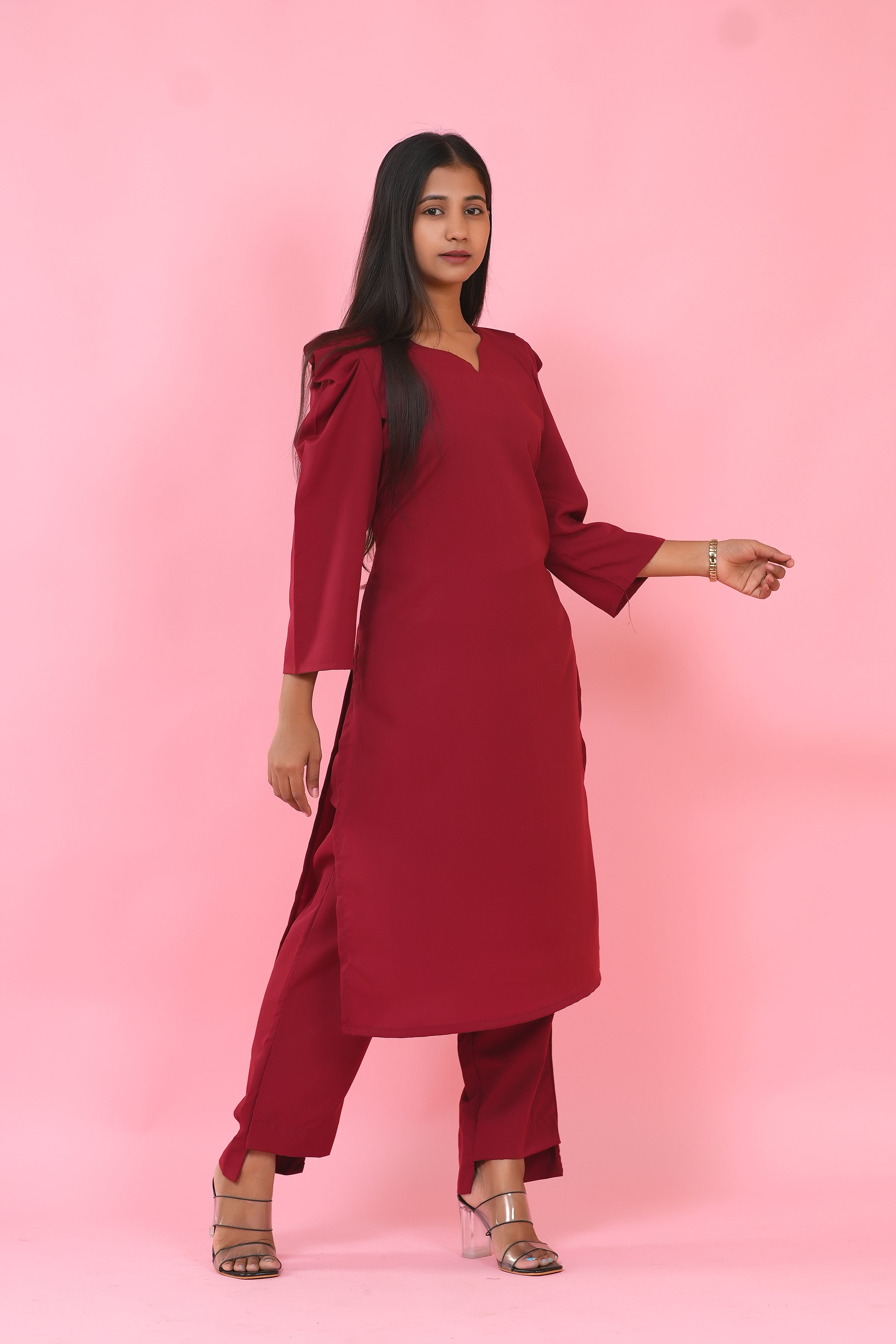 Crimson Elegance Puff Sleeve Kurta Set