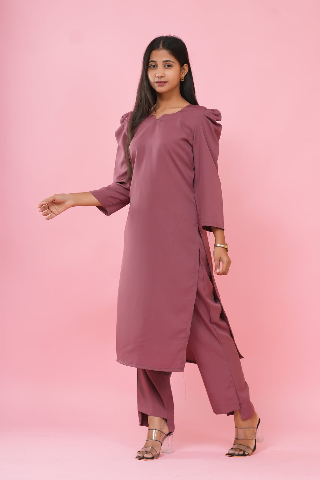 Dusty Rose Puff Sleeve Kurta Set