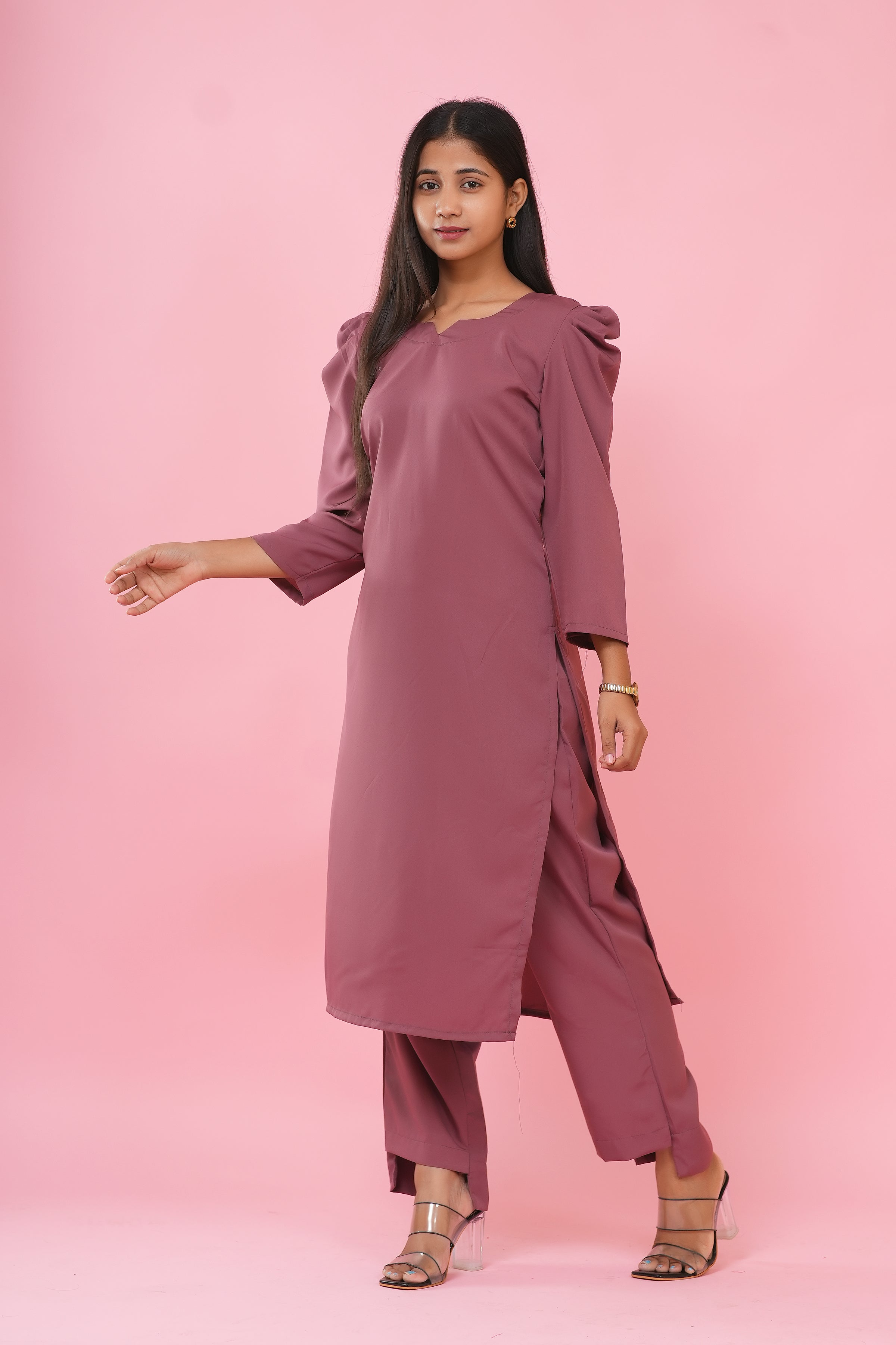 Dusty Rose Puff Sleeve Kurta Set