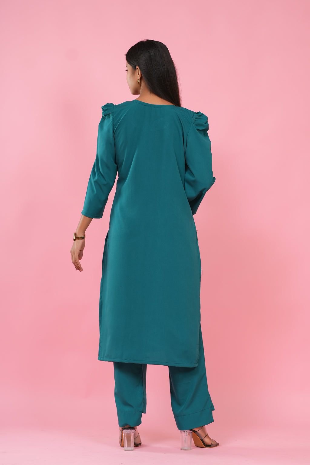 Teal Grace Puff Sleeve Kurta Set
