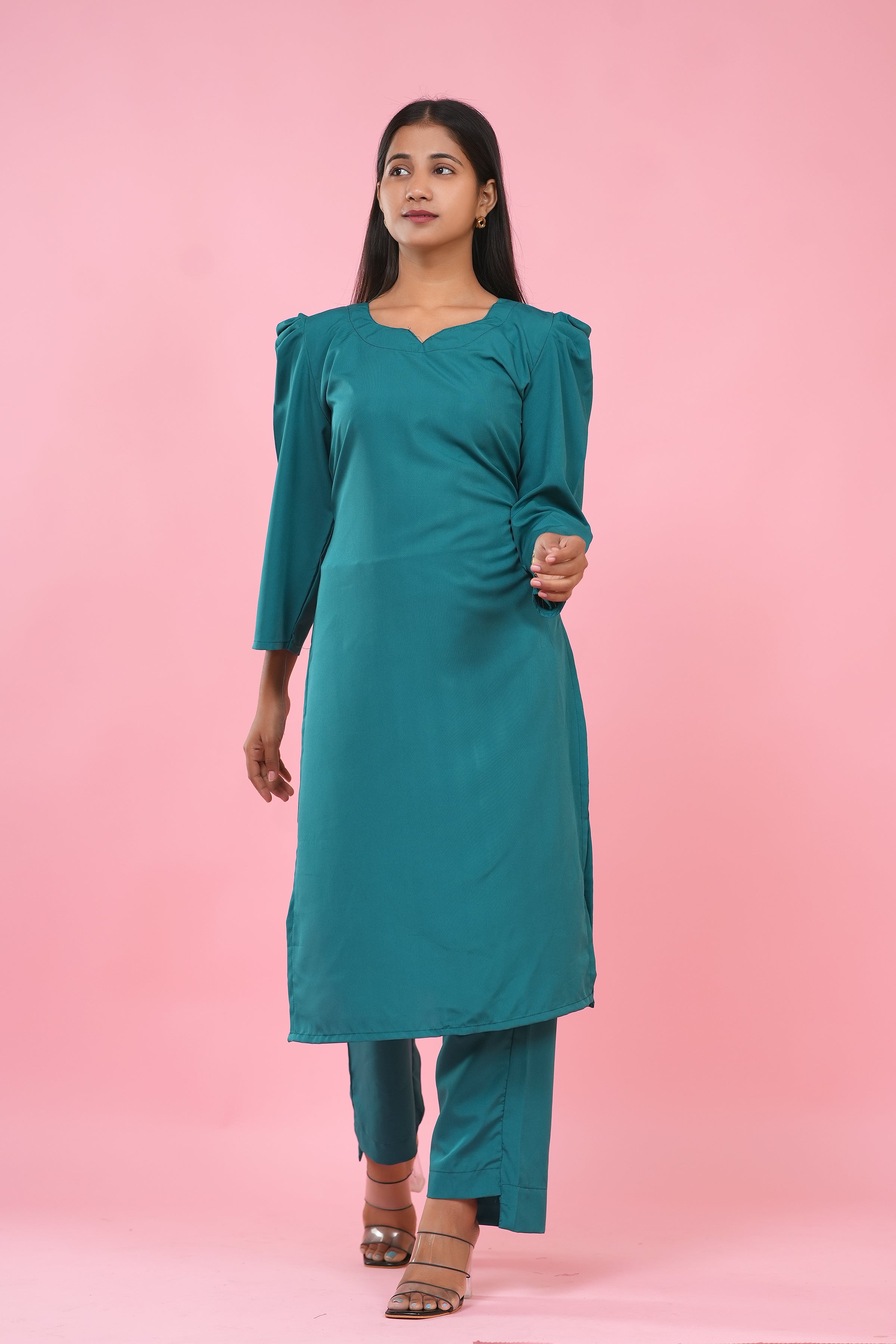 Teal Grace Puff Sleeve Kurta Set