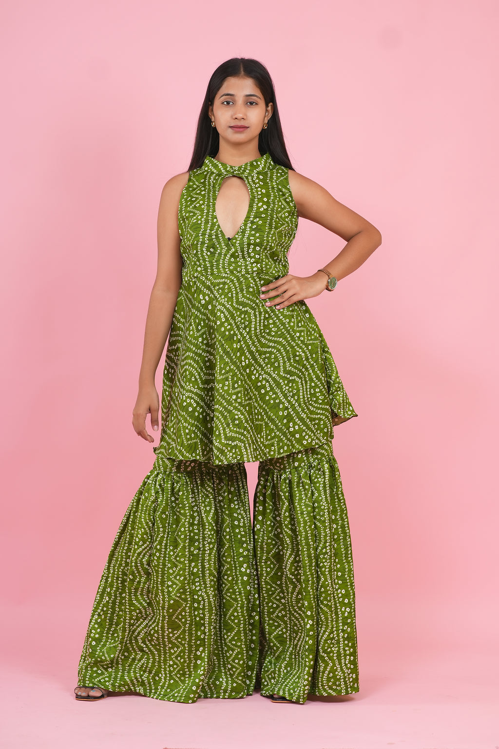 Olive Bandhani Peplum Sharara Set