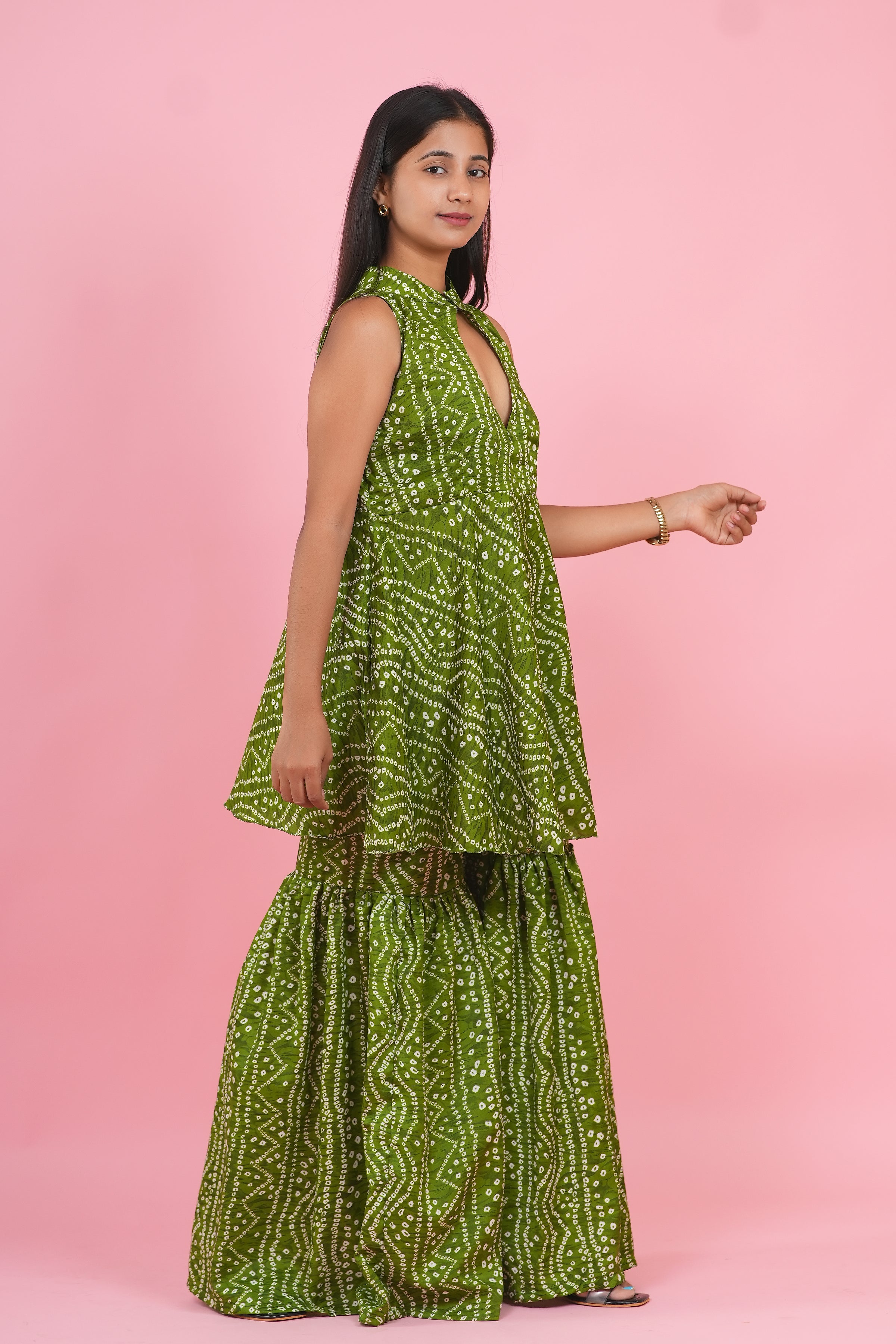 Olive Bandhani Peplum Sharara Set