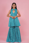 Aqua Bandhani Peplum Sharara Set