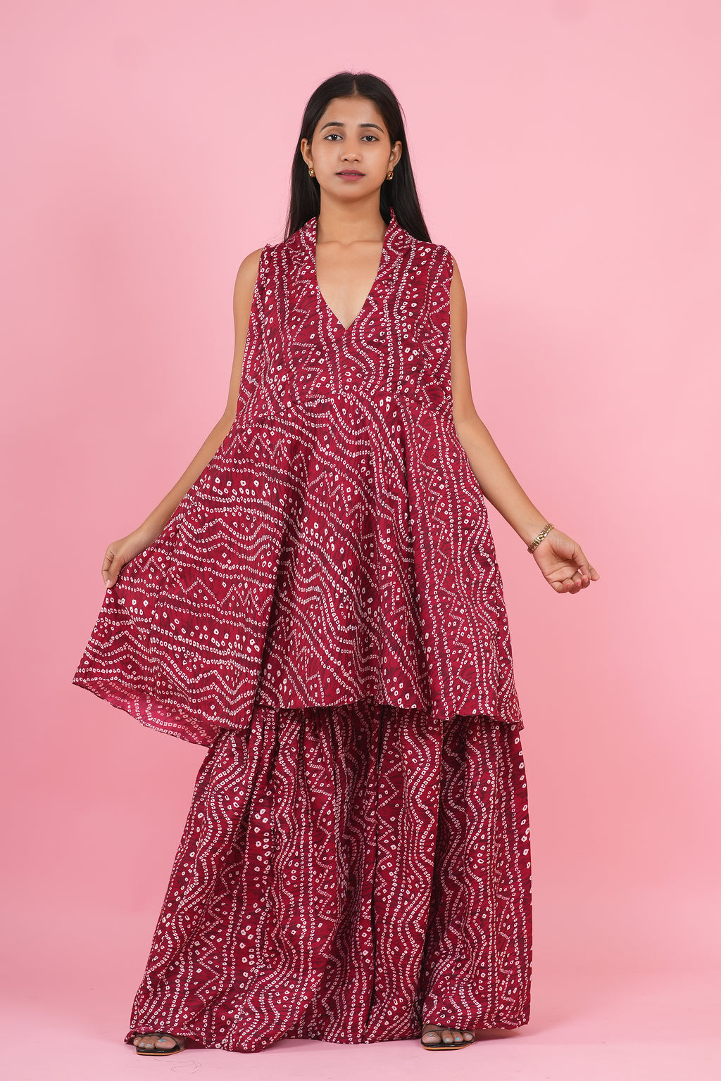 Ruby Bandhani Layered Co-Ord Set