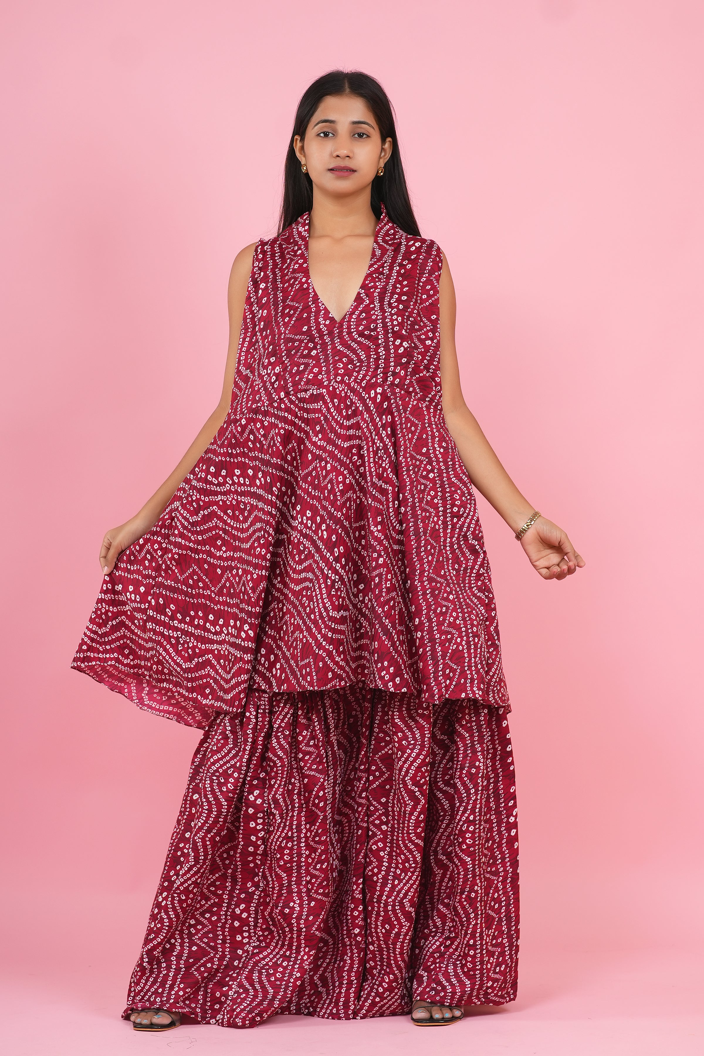 Ruby Bandhani Layered Co-Ord Set