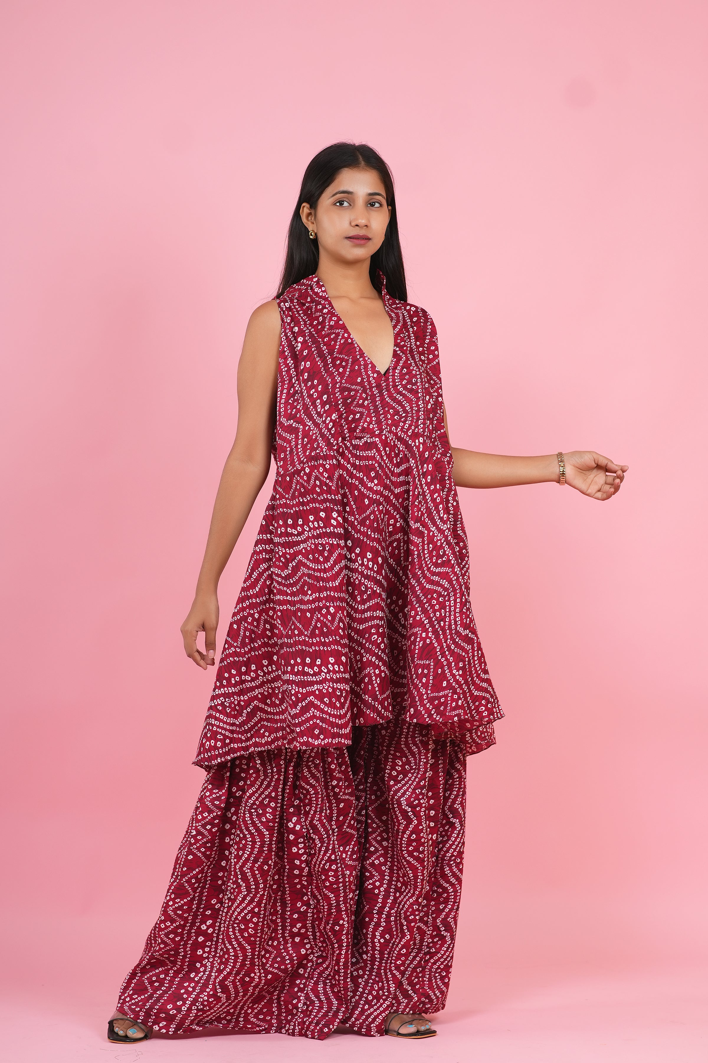 Ruby Bandhani Layered Co-Ord Set