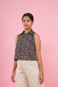 Vintage Floral Print Sleeveless Collared Top