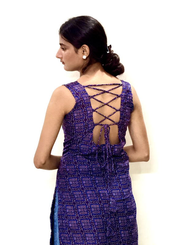 Indigo Geometric Back-Tie Kurti - Image 5